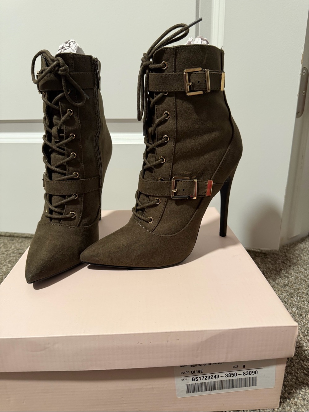 Olive Lace-Up High Heel Ankle Boots with Buckle